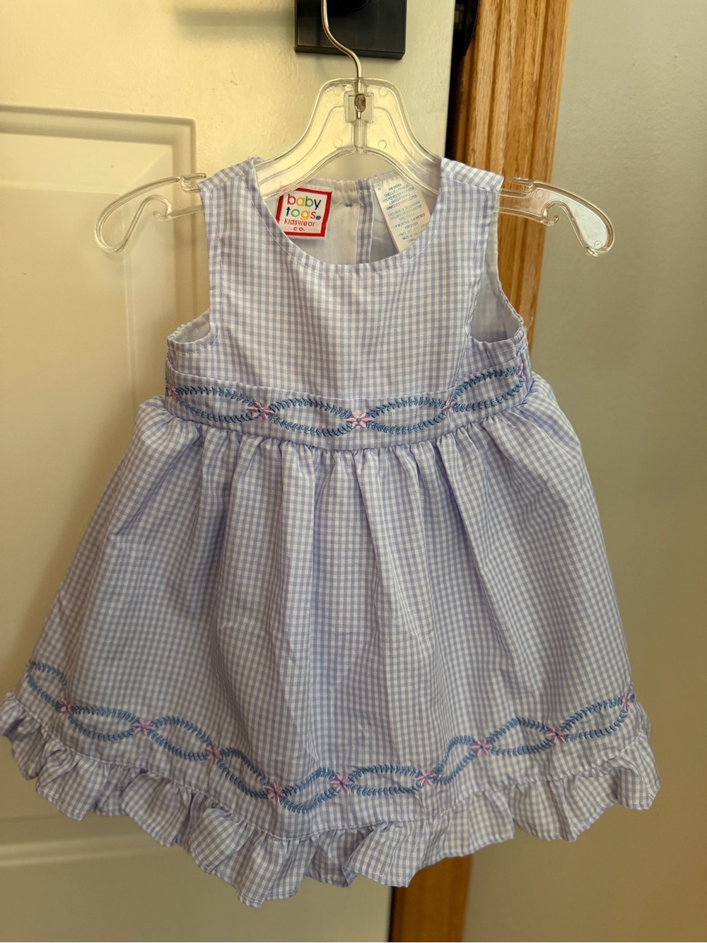 Vintage 90’s Baby Togs blue white gingham sleeveless embroidered dress. 3-6 mo